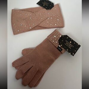 Victoria's Secret Blush Pink Knit Headband & Gloves Set with Crystal Accents